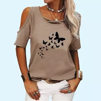 Женская повседневная футболка с круглым вырезом, летняя и осенняя футболка с коротким рукавом и принтом, женская модная футболка с открытыми плечами S розовый