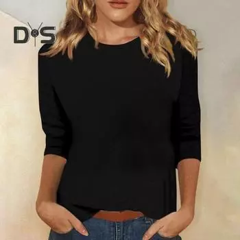 Женская повседневная футболка с круглым вырезом, пуловеры с рукавами 3/4, однотонные приталенные топы-туники, эластичная футболка, уличная одежда S серый