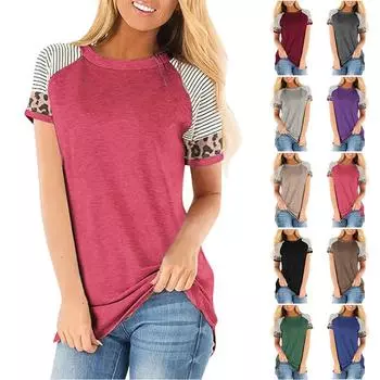 Женская повседневная футболка с леопардовым принтом в стиле пэчворк, свободная блузка, топы с короткими рукавами S серый