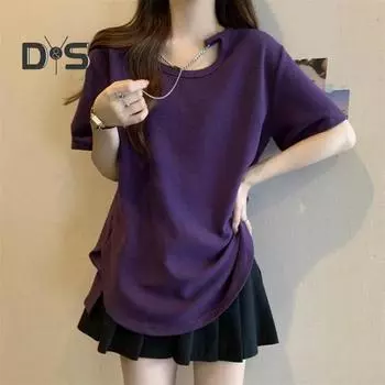 Женская повседневная футболка с лямкой на шее и цепочкой, футболка с короткими рукавами, однотонная, свободная посадка, пуловер с боковыми разрезами, дизайн, топы белый