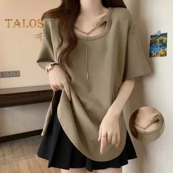 Женская повседневная футболка с лямкой на шее и цепочкой, футболка с короткими рукавами, однотонная, свободная посадка, пуловер с боковыми разрезами, дизайн, топы белый