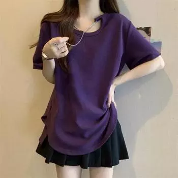 Женская повседневная футболка с лямкой на шее и цепочкой, футболка с короткими рукавами, однотонная, свободная посадка, пуловер с боковыми разрезами, дизайн, топы чёрный