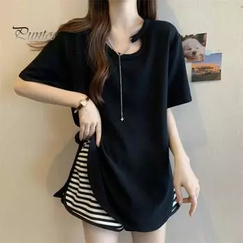 Женская повседневная футболка с лямкой на шее и цепочкой, футболка с короткими рукавами, однотонная, свободная посадка, пуловер с боковыми разрезами, дизайн, топы чёрный