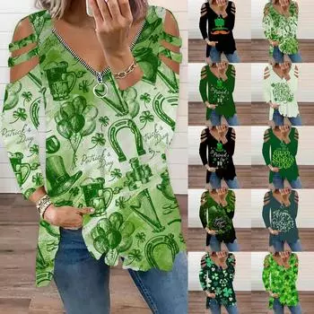 Женская повседневная футболка с открытыми плечами и длинными рукавами с v-образным вырезом и принтом ко Дню Святого Патрика L