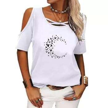 Женская повседневная футболка с открытыми плечами, летний топ с короткими рукавами, женская модная футболка с круглым вырезом и принтом, пуловер, свободная футболка S розовый