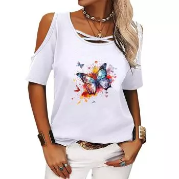 Женская повседневная футболка с открытыми плечами, летний топ с короткими рукавами, женская модная футболка с круглым вырезом и принтом, пуловер, свободная футболка S розовый