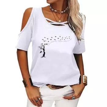 Женская повседневная футболка с открытыми плечами, летний топ с короткими рукавами, женская модная футболка с круглым вырезом и принтом, пуловер, свободная футболка S розовый