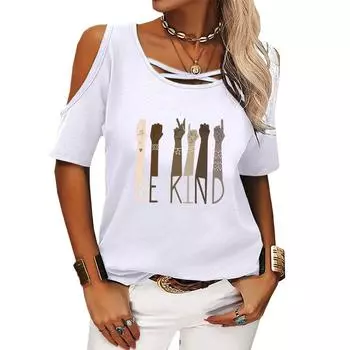 Женская повседневная футболка с открытыми плечами, летняя футболка с круглым вырезом и коротким рукавом, пуловер, женская модная футболка с принтом S розовый