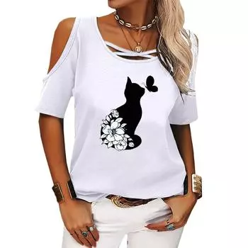 Женская повседневная футболка с открытыми плечами, летняя и осенняя футболка с круглым воротником и короткими рукавами, женская модная футболка с принтом кота S розовый