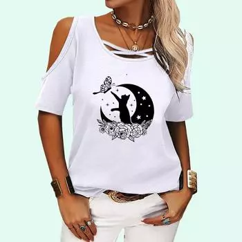 Женская повседневная футболка с открытыми плечами, летняя и осенняя футболка с круглым воротником и короткими рукавами, женская модная футболка с принтом кота S розовый