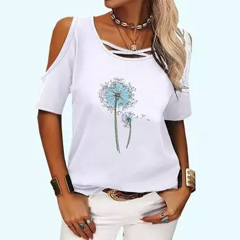 Женская повседневная футболка с открытыми плечами, весна-лето и осень, футболка с круглым вырезом и цветочным принтом, женский модный топ с короткими рукавами S розовый
