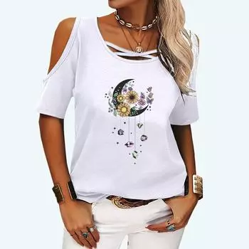 Женская повседневная футболка с открытыми плечами, женская мода, топ с короткими рукавами, летняя и осенняя футболка с круглым воротником и принтом S розовый