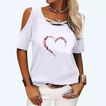 Женская повседневная футболка с открытыми плечами, женская мода, топ с короткими рукавами, летняя и осенняя футболка с круглым воротником и принтом S розовый