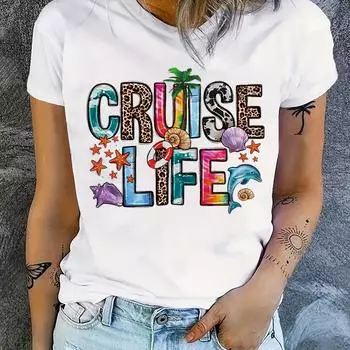 Женская повседневная футболка с принтом Cruise Life Pattern, топы из хлопка с коротким рукавом и круглым вырезом S светло-серый