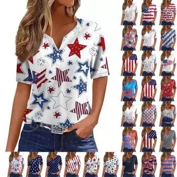 Женская повседневная футболка с принтом «День независимости» с V-образным вырезом и коротким рукавом, декорированная пуговицами L