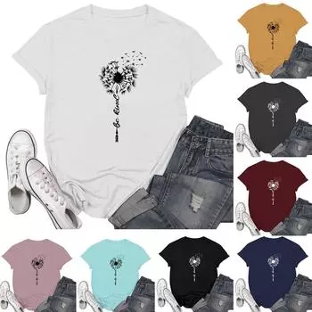 Женская повседневная футболка с принтом хризантемы, пуловер с круглым вырезом, топ с короткими рукавами L чёрный