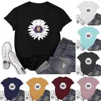 Женская повседневная футболка с принтом хризантемы, пуловер с круглым вырезом, топ с короткими рукавами L чёрный