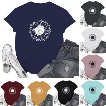 Женская повседневная футболка с принтом хризантемы, пуловер с круглым вырезом, топ с короткими рукавами L чёрный