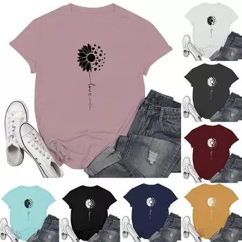 Женская повседневная футболка с принтом хризантемы, пуловер с круглым вырезом, топ с короткими рукавами L чёрный