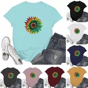 Женская повседневная футболка с принтом хризантемы, пуловер с круглым вырезом, топ с короткими рукавами L чёрный