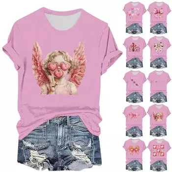 Женская повседневная футболка с принтом ко Дню святого Валентина, круглый вырез, пуловер, короткий рукав XL