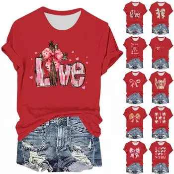 Женская повседневная футболка с принтом ко Дню святого Валентина, круглый вырез, пуловер, короткий рукав L киноварь