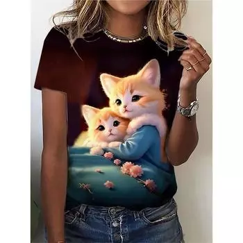 Женская повседневная футболка с принтом «кошка» — топ с коротким рукавом и круглым вырезом на весну и лето — удобный и стильный вариант одежды S