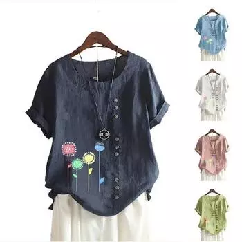 Женская повседневная футболка с принтом, летняя мода, топ с коротким рукавом, свободные блузки больших размеров с круглым воротником S коричневый