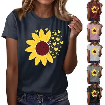 Женская повседневная футболка с принтом подсолнухов Street Slim Fit с коротким рукавом L синий