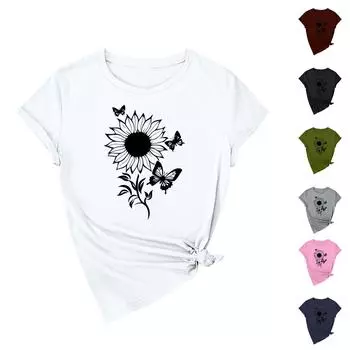 Женская повседневная футболка с принтом подсолнухов Street Slim Fit с коротким рукавом L армия зеленый