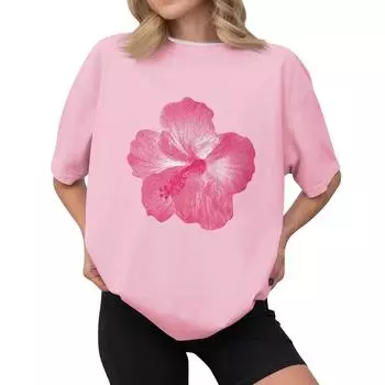Женская повседневная футболка с принтом, пуловер с круглым вырезом, топ с короткими рукавами XXL розовый