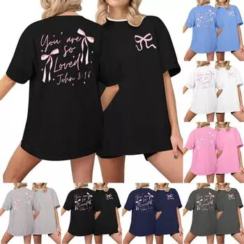 Женская повседневная футболка с принтом, пуловер с круглым вырезом, топ с короткими рукавами L чёрный