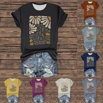 Женская повседневная футболка с принтом, пуловер с круглым вырезом, топ с короткими рукавами L коричневый