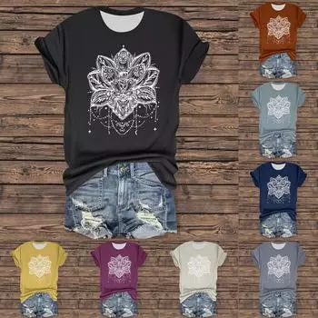 Женская повседневная футболка с принтом, пуловер с круглым вырезом, топ с короткими рукавами M жёлтый