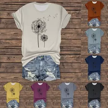 Женская повседневная футболка с принтом, пуловер с круглым вырезом, топ с короткими рукавами XXXL тёмно-синий