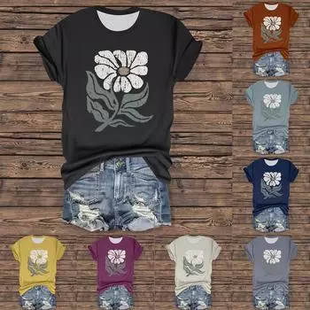 Женская повседневная футболка с принтом, пуловер с круглым вырезом, топ с короткими рукавами XXL