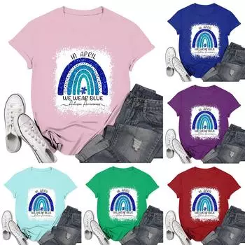 Женская повседневная футболка с принтом, пуловер с круглым вырезом, топ с короткими рукавами L синий