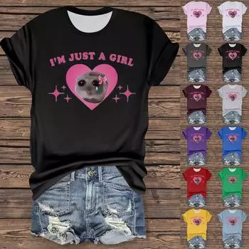 Женская повседневная футболка с принтом, пуловер с круглым вырезом, топ с короткими рукавами L чёрный