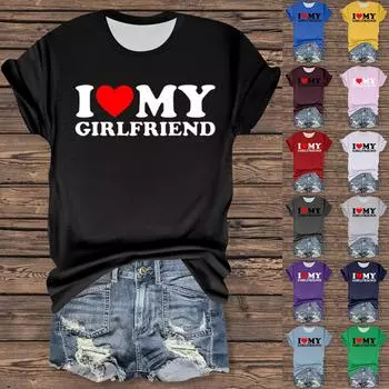 Женская повседневная футболка с принтом, пуловер с круглым вырезом, топ с короткими рукавами L чёрный