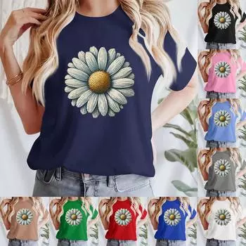 Женская повседневная футболка с принтом, пуловер с круглым вырезом, топ с короткими рукавами XXXL чёрный