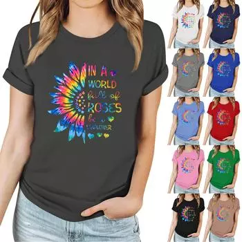 Женская повседневная футболка с принтом, пуловер с круглым вырезом, топ с короткими рукавами L тёмно-синий