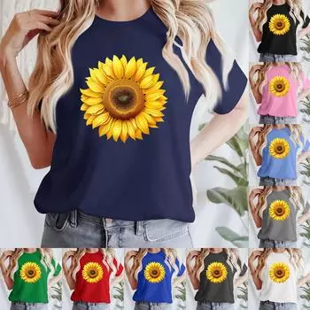 Женская повседневная футболка с принтом, пуловер с круглым вырезом, топ с короткими рукавами S чёрный