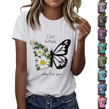 Женская повседневная футболка с принтом, пуловер с круглым вырезом, топ с короткими рукавами L армия зеленый