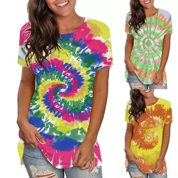 Женская повседневная футболка с принтом тай-дай, модные повседневные футболки с круглым вырезом и половиной рукавов L зелёный