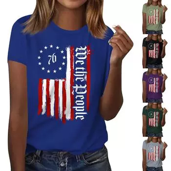 Женская повседневная футболка с принтом в честь Дня независимости, пуловер с круглым вырезом, топ с короткими рукавами L чёрный