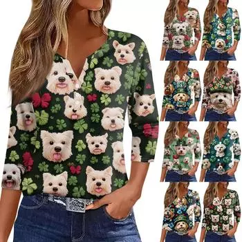 Женская повседневная футболка с пуговицами и V-образным вырезом, рукава семь. Топ с принтом ко Дню святого Патрика XXXL синий