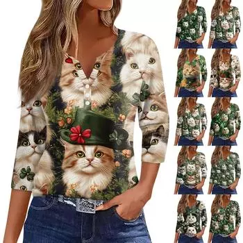 Женская повседневная футболка с пуговицами и V-образным вырезом, рукава семь. Топ с принтом ко Дню святого Патрика XL