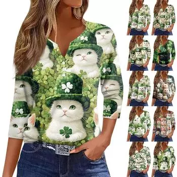 Женская повседневная футболка с пуговицами и V-образным вырезом, рукава семь. Топ с принтом ко Дню святого Патрика XXL