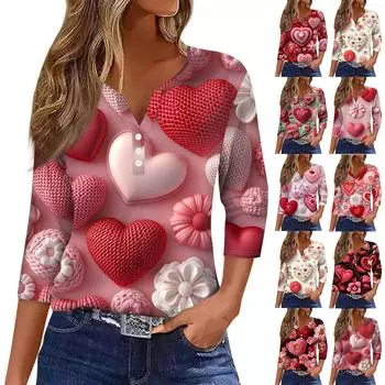Женская повседневная футболка с пуговицами, V-образным вырезом, семью рукавами и принтом ко Дню святого Валентина L