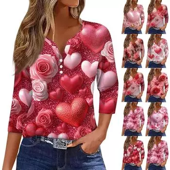 Женская повседневная футболка с пуговицами, V-образным вырезом, семью рукавами и принтом ко Дню святого Валентина L светло-розовый